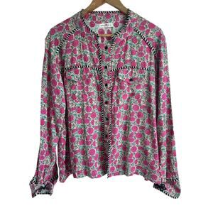 Natural Life Size Large Boho  Indian Floral Block Print Button Down Top Blouse